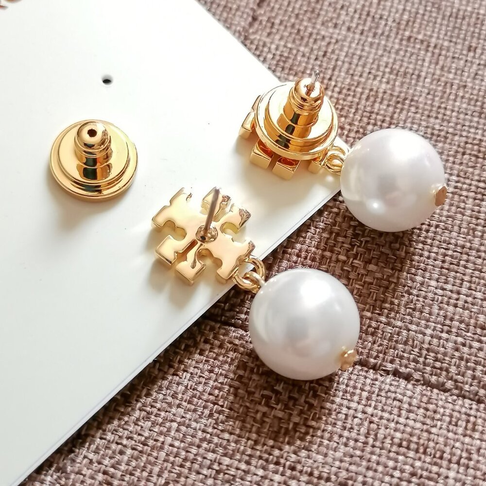Logo Pearl Gold Clear Crystal Drop Earrings by Tory Burch - Picture 3 of 4